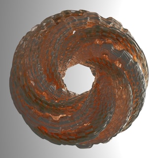 A complex, transparent torus structure with intricate, interwoven patterns. The object appears to be made of a glass-like material, with shades of brown and an overall glossy texture. The background is a gradient from gray to white, enhancing the three-dimensional appearance of the torus.