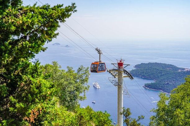 a cable car going up a hill with a view of the ocean