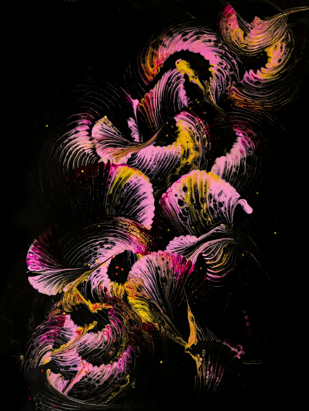 Un dipinto di un mazzo di fiori su uno sfondo nero