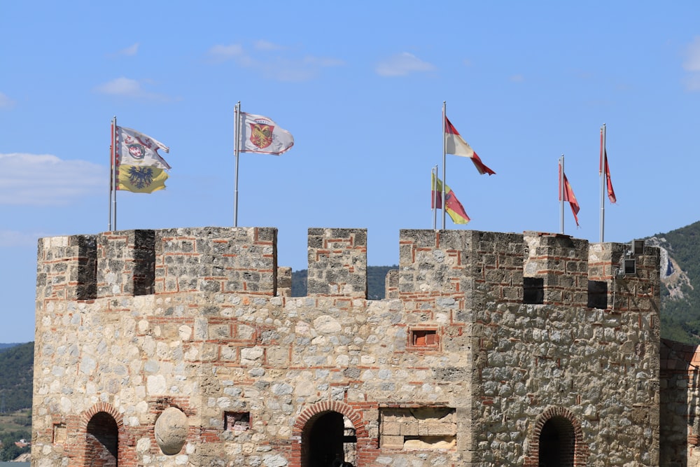 a castle with flags on top of it