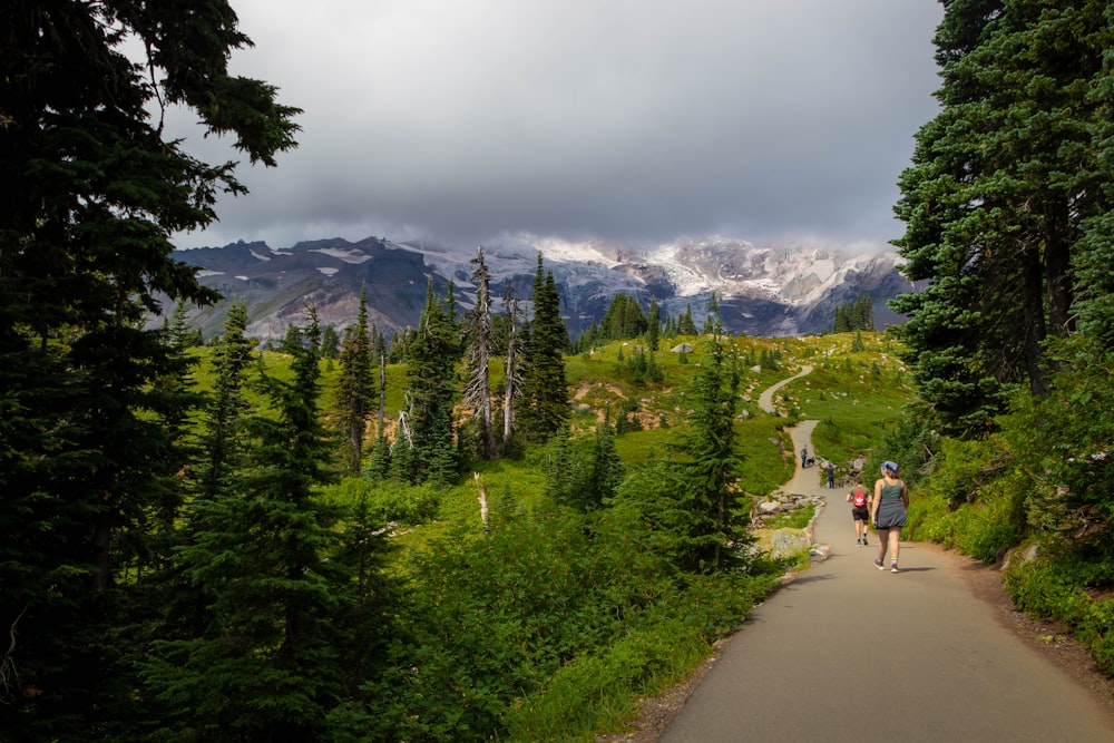 a couple of people that are walking down a path