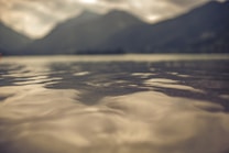 Gentle waves ripple across a calm body of water, with soft focus mountains visible in the background under a cloudy sky.