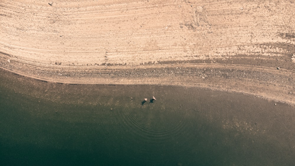 an aerial view of a body of water with two people in it