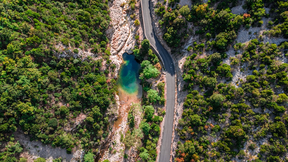 an aerial view of a winding road in the middle of a forest