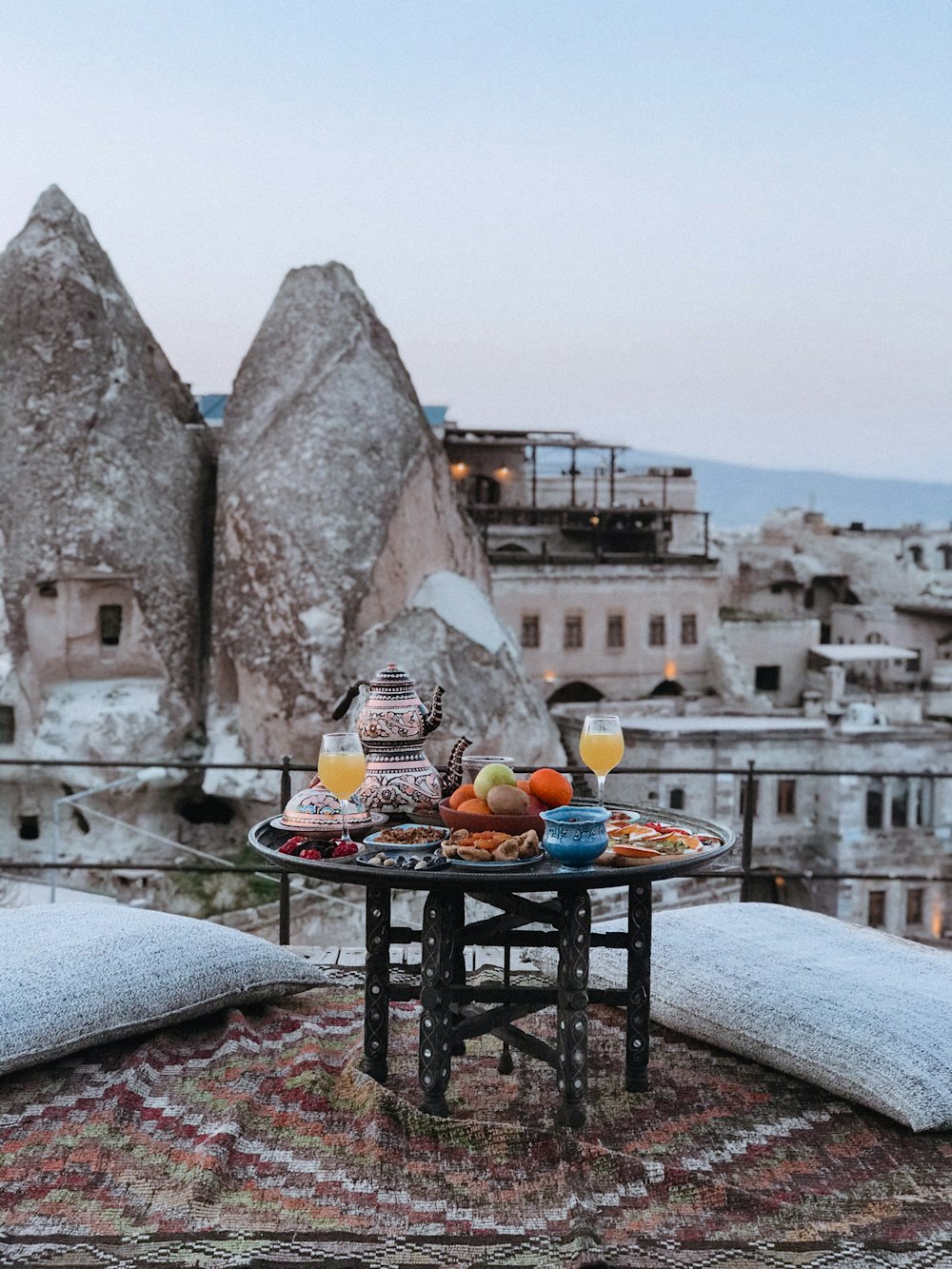 a table with a tray of food on top of it