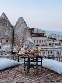 a table with a tray of food on top of it