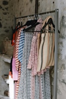 a rack of clothes hanging on a wall