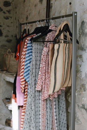 a rack of clothes hanging on a wall
