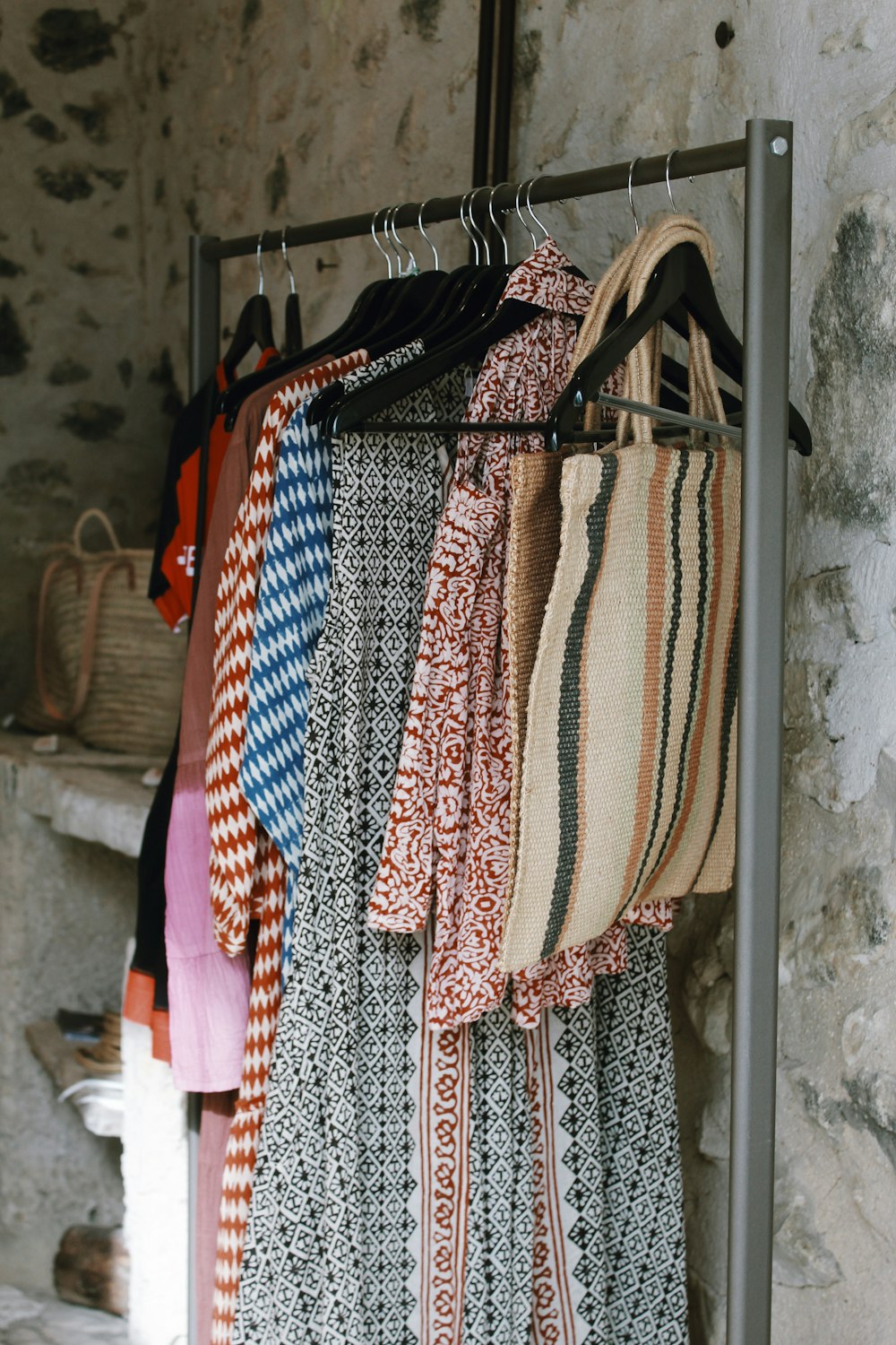 a rack of clothes hanging on a wall