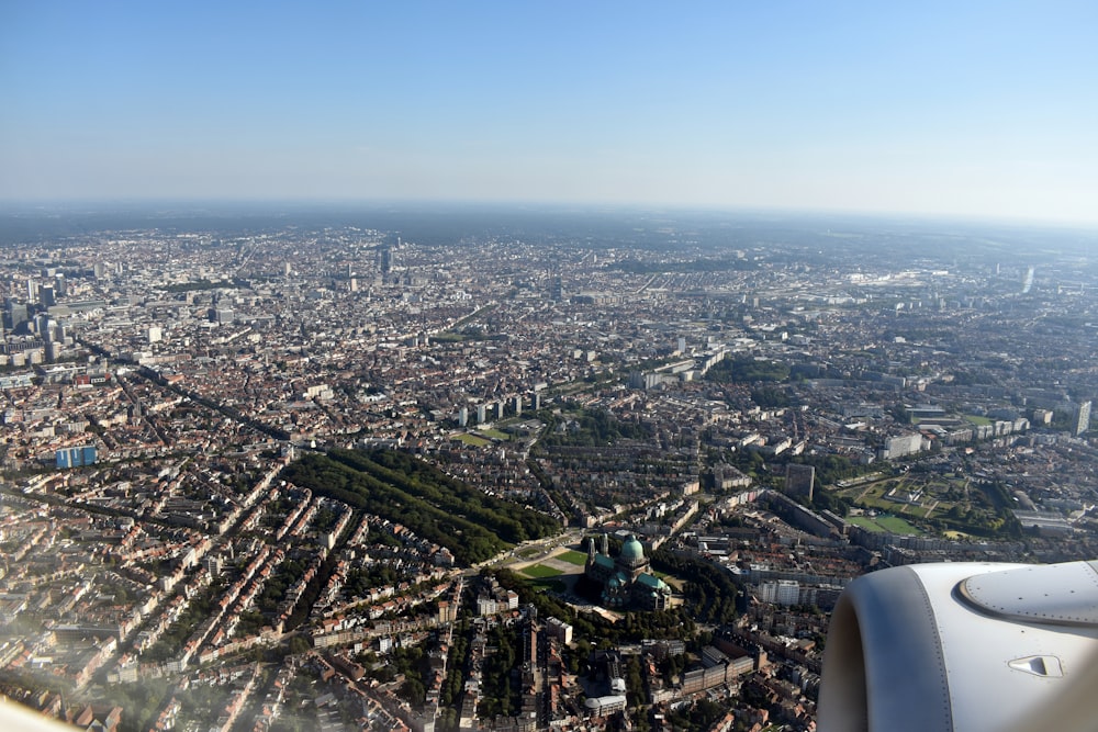 a view of a city from an airplane window