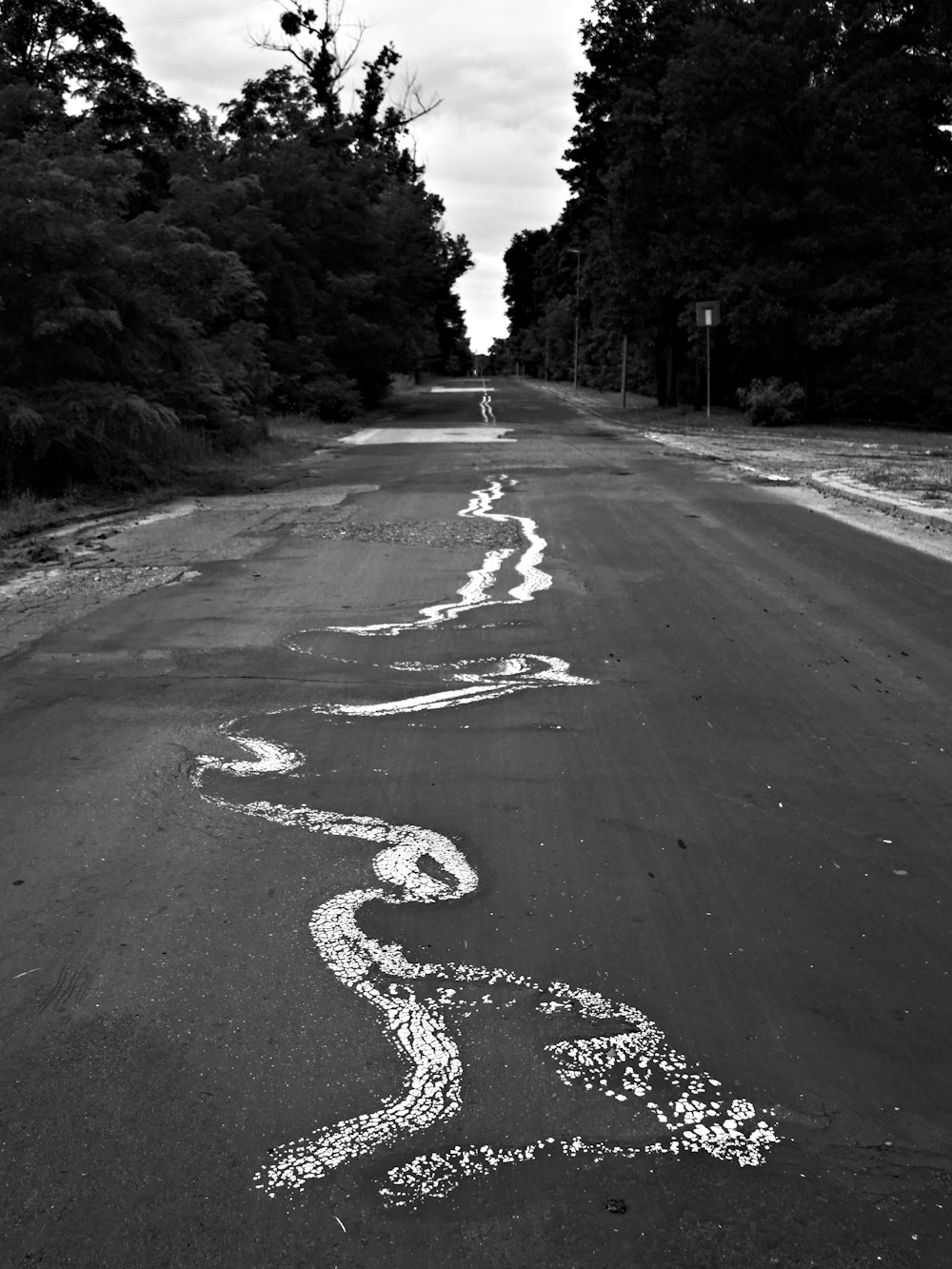 Ein Schwarz-Weiß-Foto einer leeren Straße