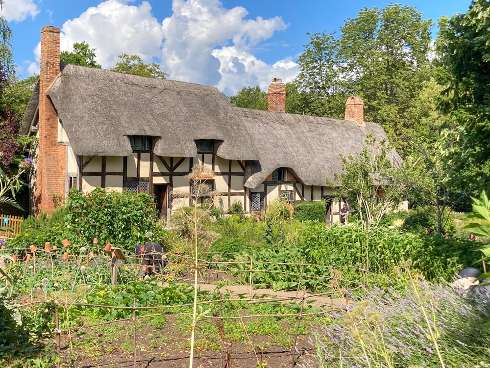 a house with a thatched roof surrounded by trees