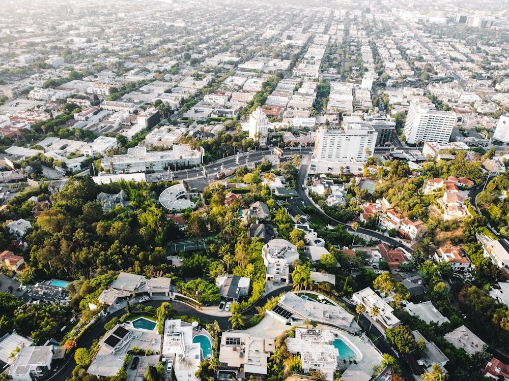 an aerial view of a city with lots of trees