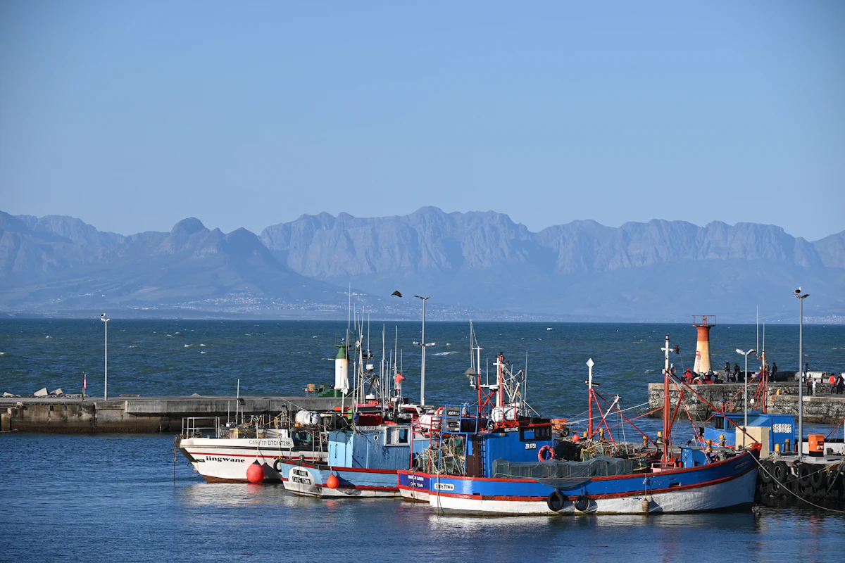 Fishing boats in Kalk Bay harbour, with mountains across the bay