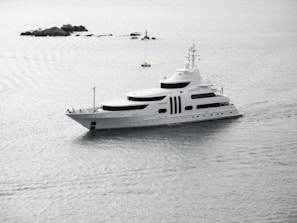 A large white yacht is sailing through calm waters, with small rocky formations and a buoy visible in the background. The sky appears overcast, casting a serene, grey light over the scene.