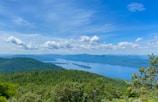 A panoramic view of the five lakes connected by winding walking trails under a clear blue sky.