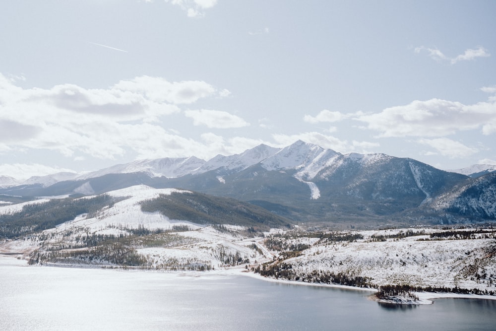 a lake surrounded by snow covered mountains under a blue sky