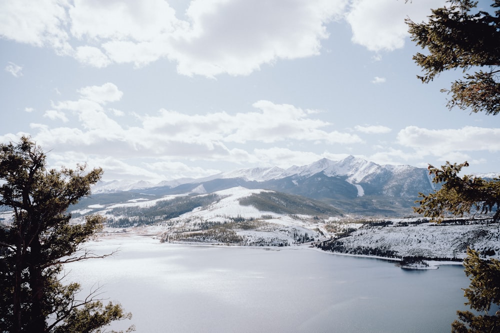 a lake surrounded by snow covered mountains under a cloudy sky