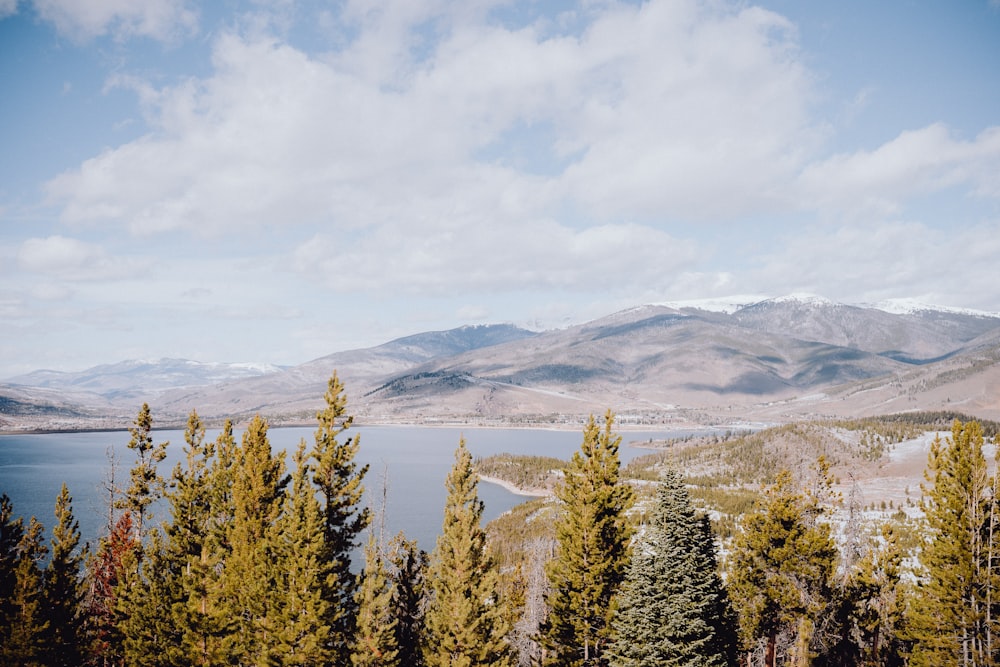 a scenic view of a lake surrounded by mountains