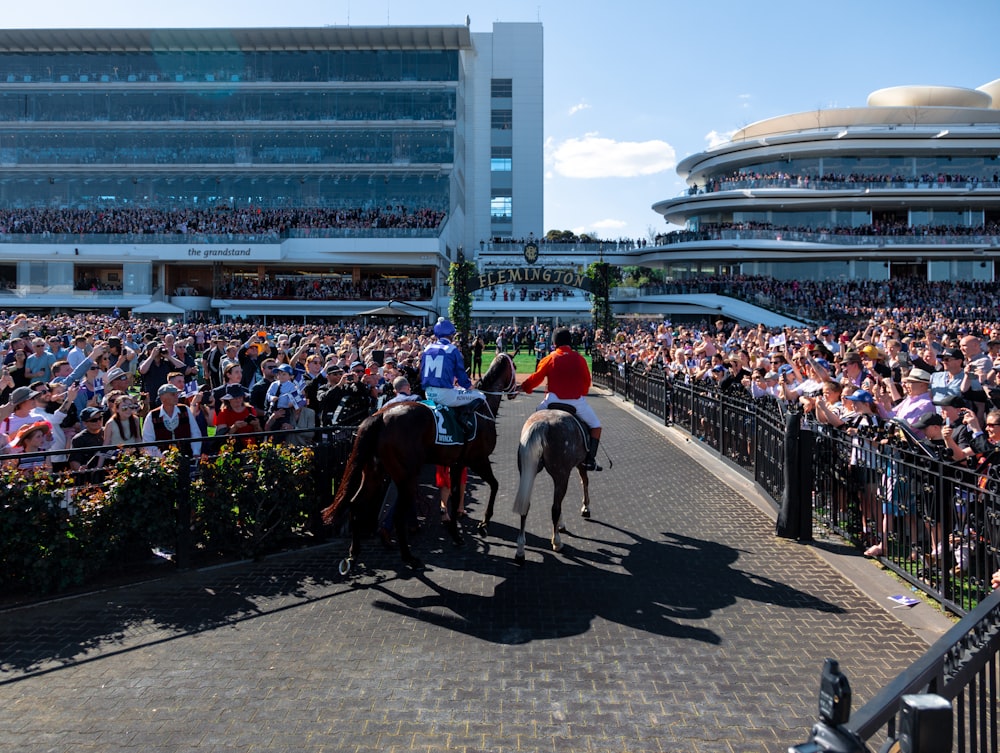 a crowd of people watching a horse race