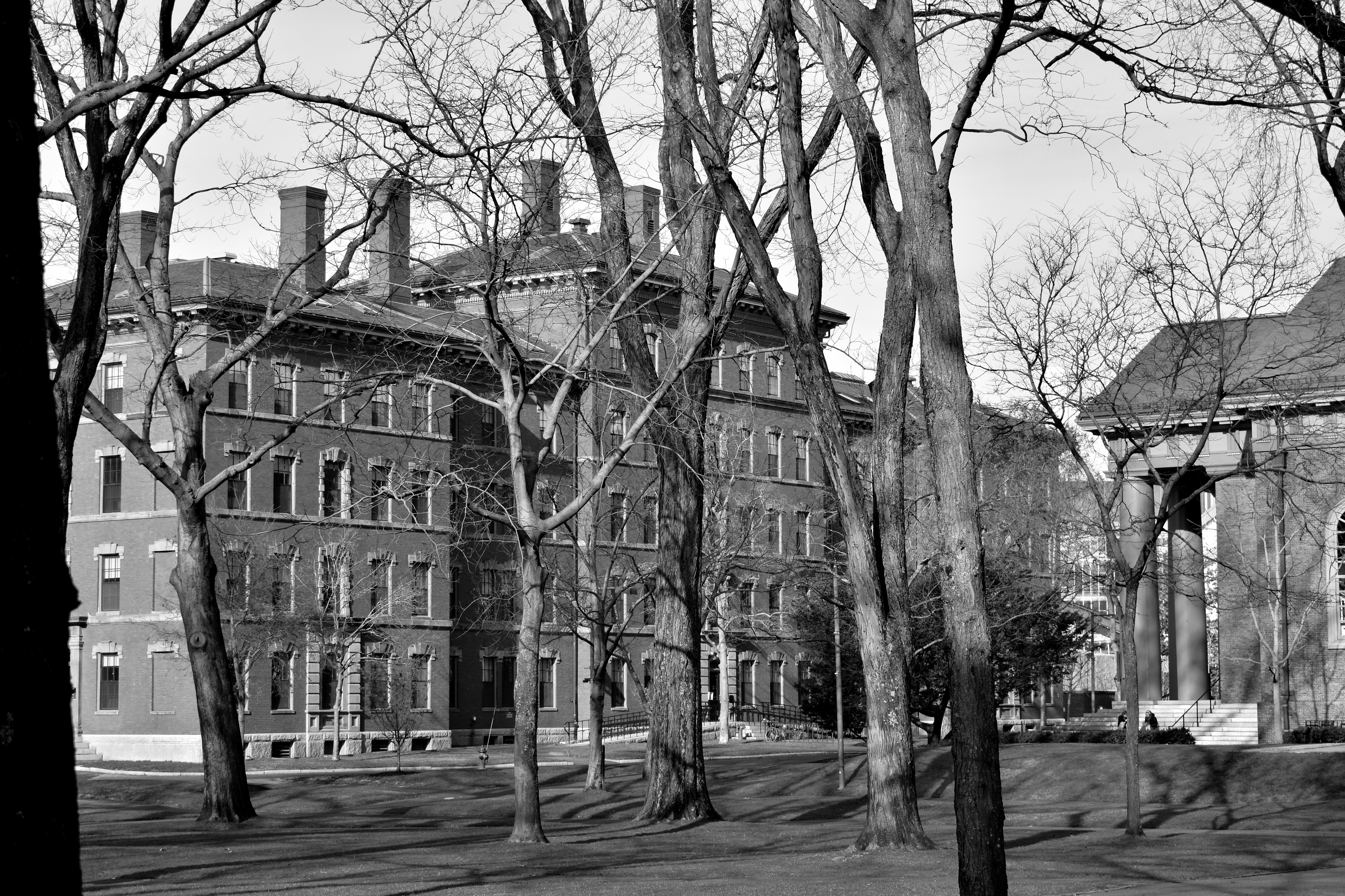 a black and white photo of a large building
