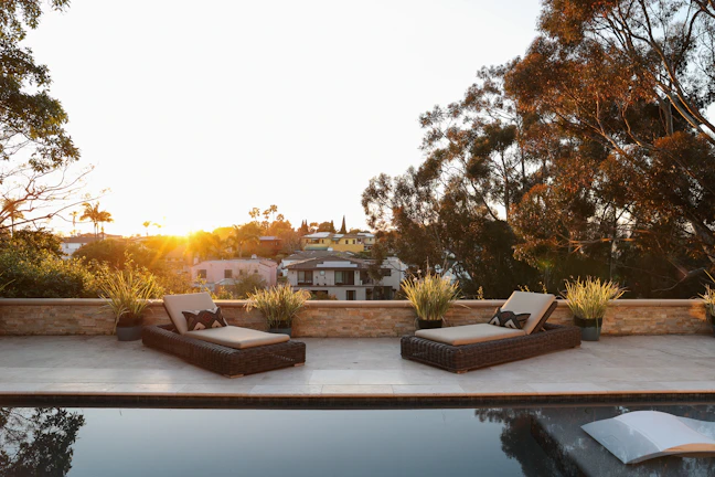 Outdoor seating area bathed in soft evening light, perfect for relaxing