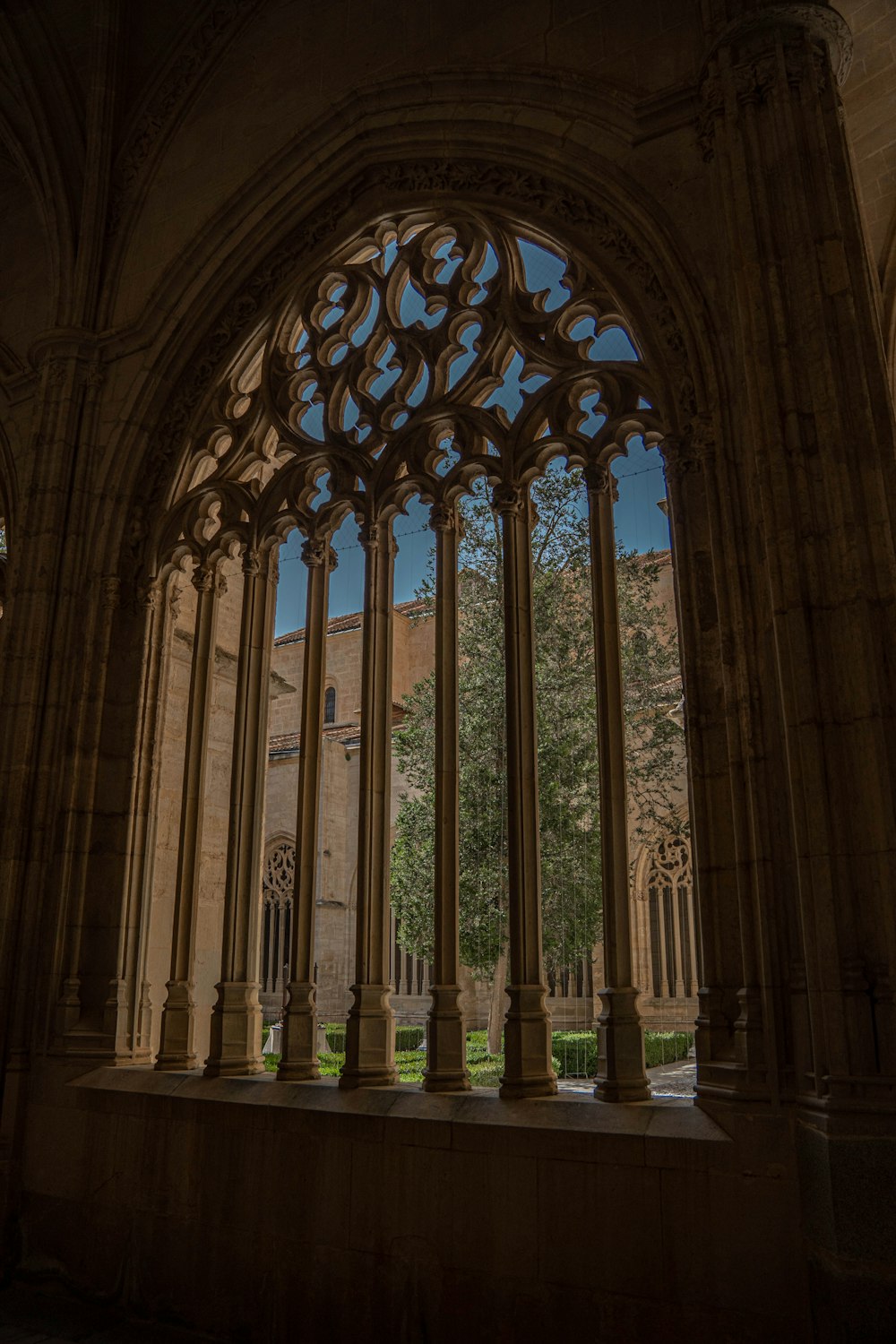 a view of a building through a large window