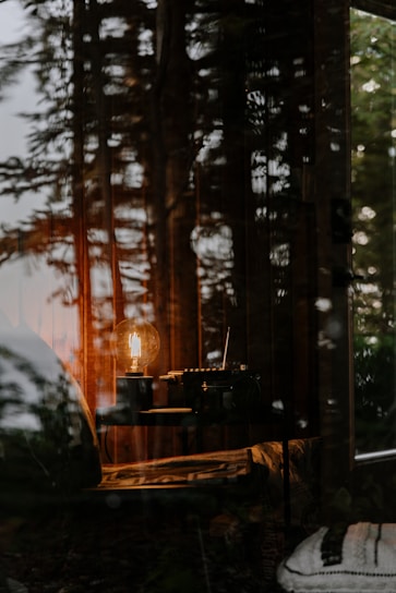 A warm, cozy interior is reflected through a window, with trees and nature visible outside. Inside, a vintage style lamp with an Edison bulb softly illuminates a small table holding an old radio. The lighting creates a rustic and inviting atmosphere.