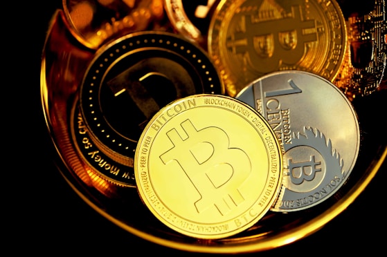 a bunch of bitcoins sitting on top of each other