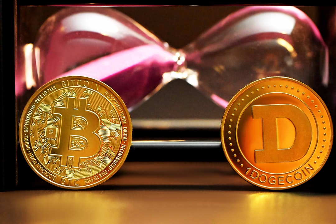 two bitcoins sitting next to each other on a table, A Bitcoin and A Dogecoin stand in front of an hourglass
