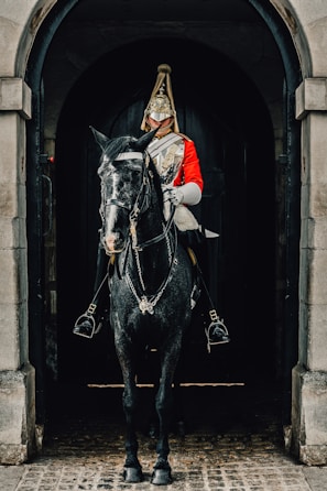 a man in a uniform riding a horse