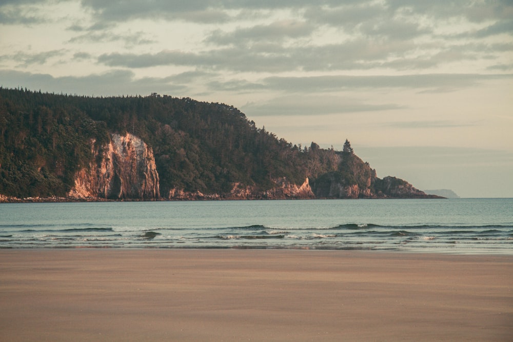 a large body of water sitting next to a lush green hillside