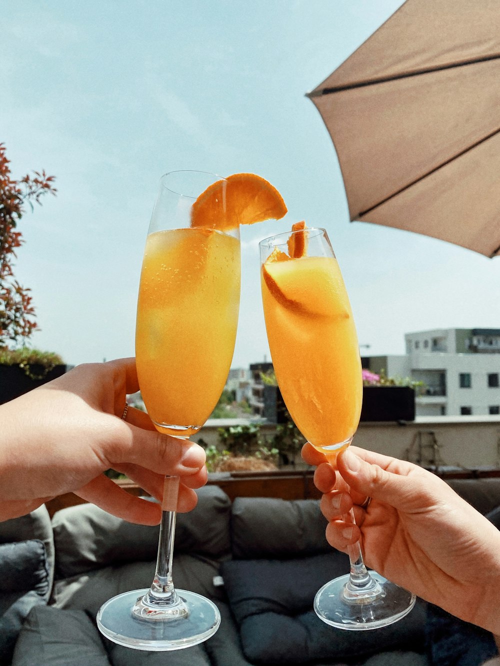 a couple of people holding up wine glasses