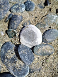 The image features a close-up of a collection of differently-sized smooth pebbles resting on sandy ground. The pebbles vary in color from dark gray to light gray, with some being nearly white. Many of the pebbles have small grains of sand adhering to their surfaces.