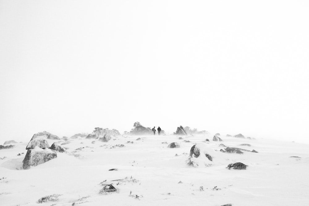 a group of people walking across a snow covered field