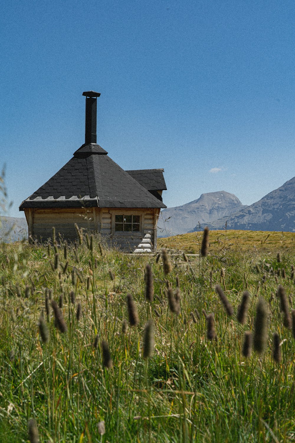 uma pequena cabana em um campo com montanhas ao fundo