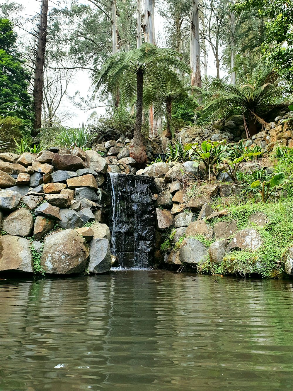 a pond with a waterfall in the middle of it