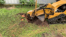 A friendly blonde man operating a bright yellow stump grinder with a wireless remote, with the Seattle skyline visible behind him on a clear day.