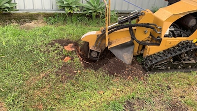 A yellow stump grinding machine is actively grinding a tree stump in a grassy area. The machine has a large rotating blade, visible in motion, cutting through the stump. There are patches of soil and wood chips scattered around the grinding area. In the background, there is a corrugated metal fence and green foliage.