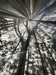 Fabric panels arranged in a radial pattern with sunlight filtering through, casting intricate shadows of leaves and branches.