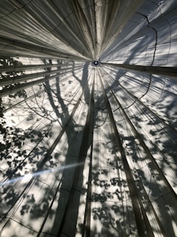 Fabric panels arranged in a radial pattern with sunlight filtering through, casting intricate shadows of leaves and branches.