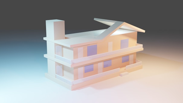 A minimalist architectural model of a two-story building with an angular roof design. The structure features clean lines, multiple windows, and extended gutters, presented in a soft gradient lighting from blue to orange.