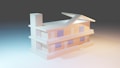 A minimalist architectural model of a two-story building with an angular roof design. The structure features clean lines, multiple windows, and extended gutters, presented in a soft gradient lighting from blue to orange.