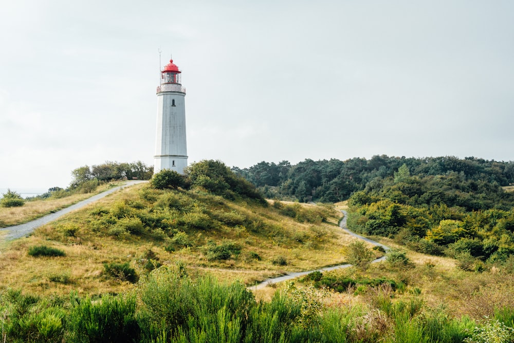 a light house sitting on top of a lush green hillside