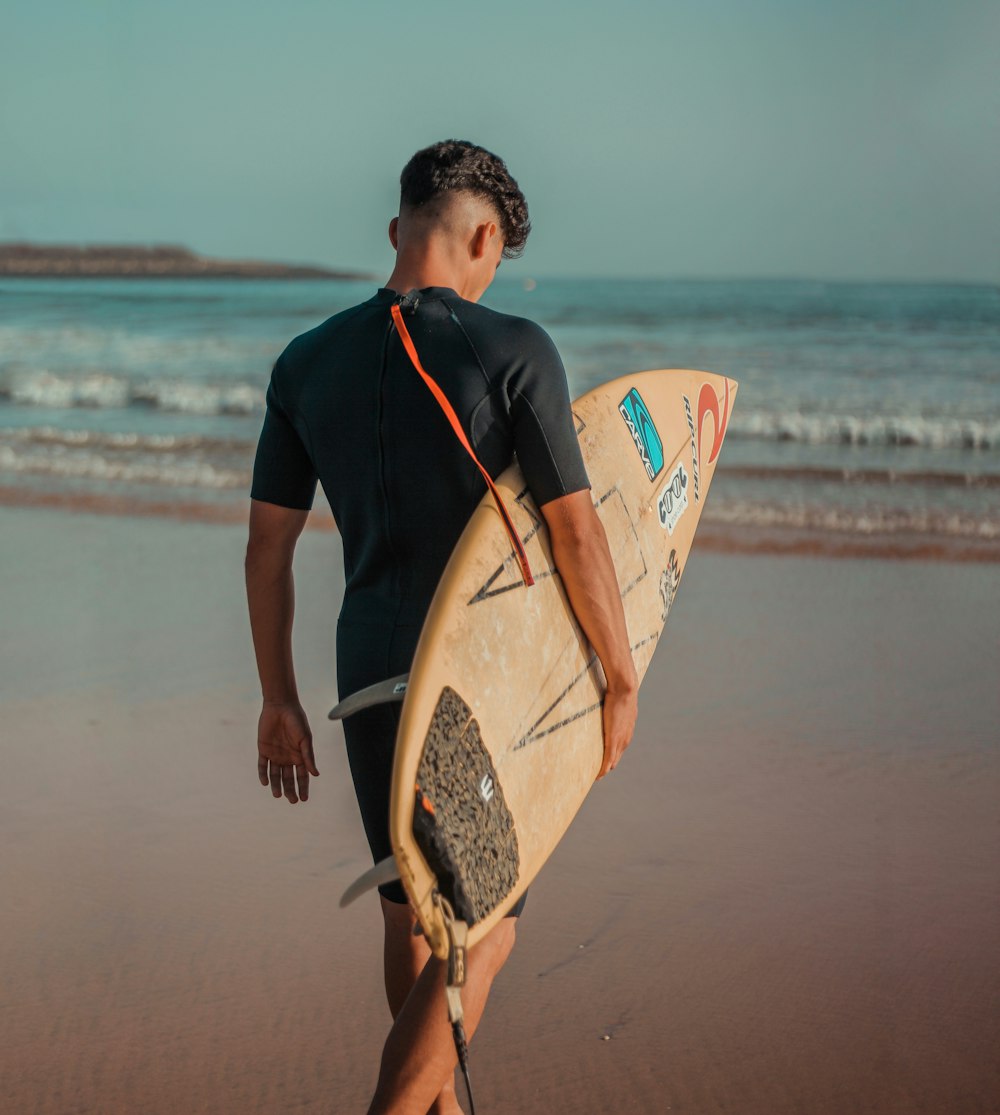 a man walking on the beach with a surfboard