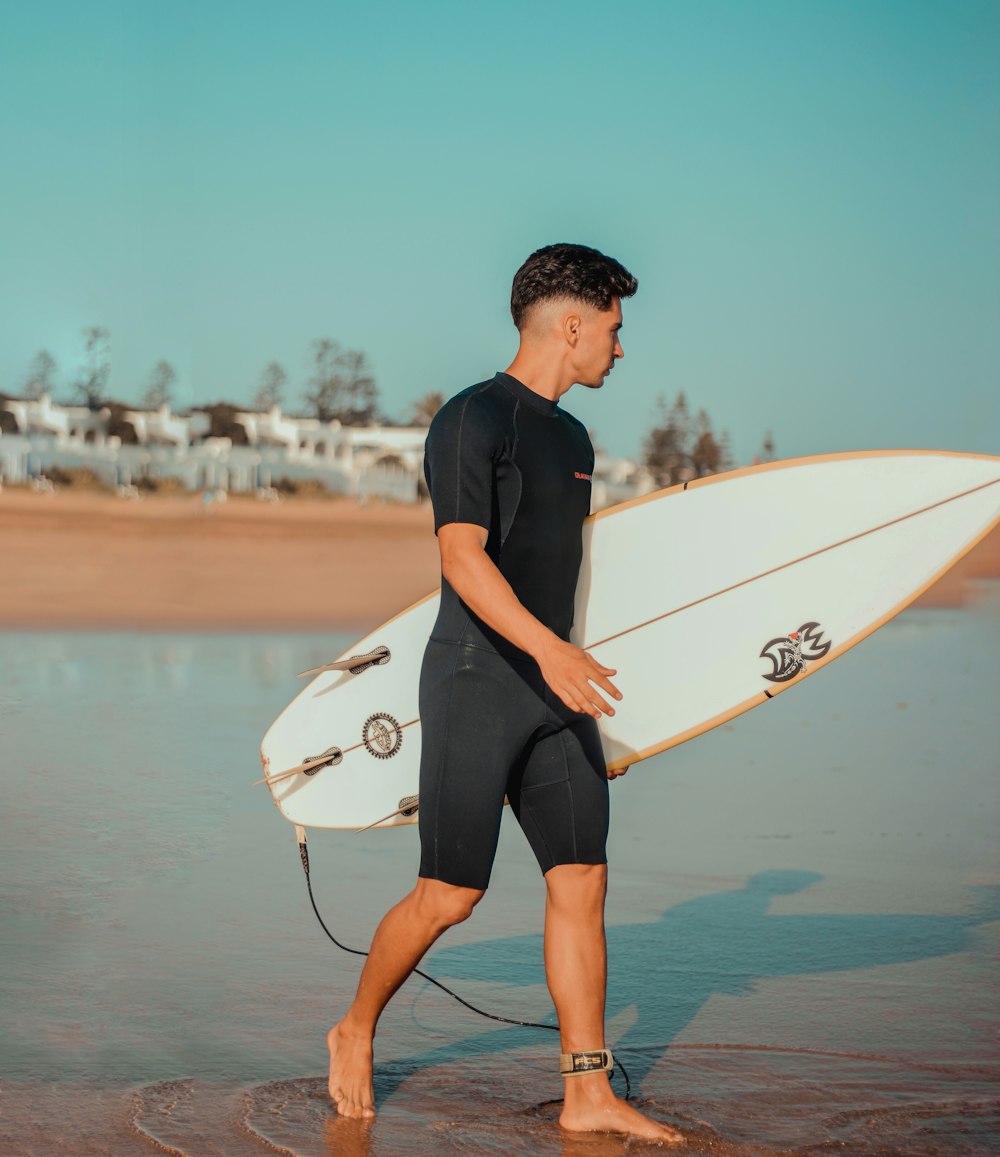 a man in a wet suit carrying a surfboard