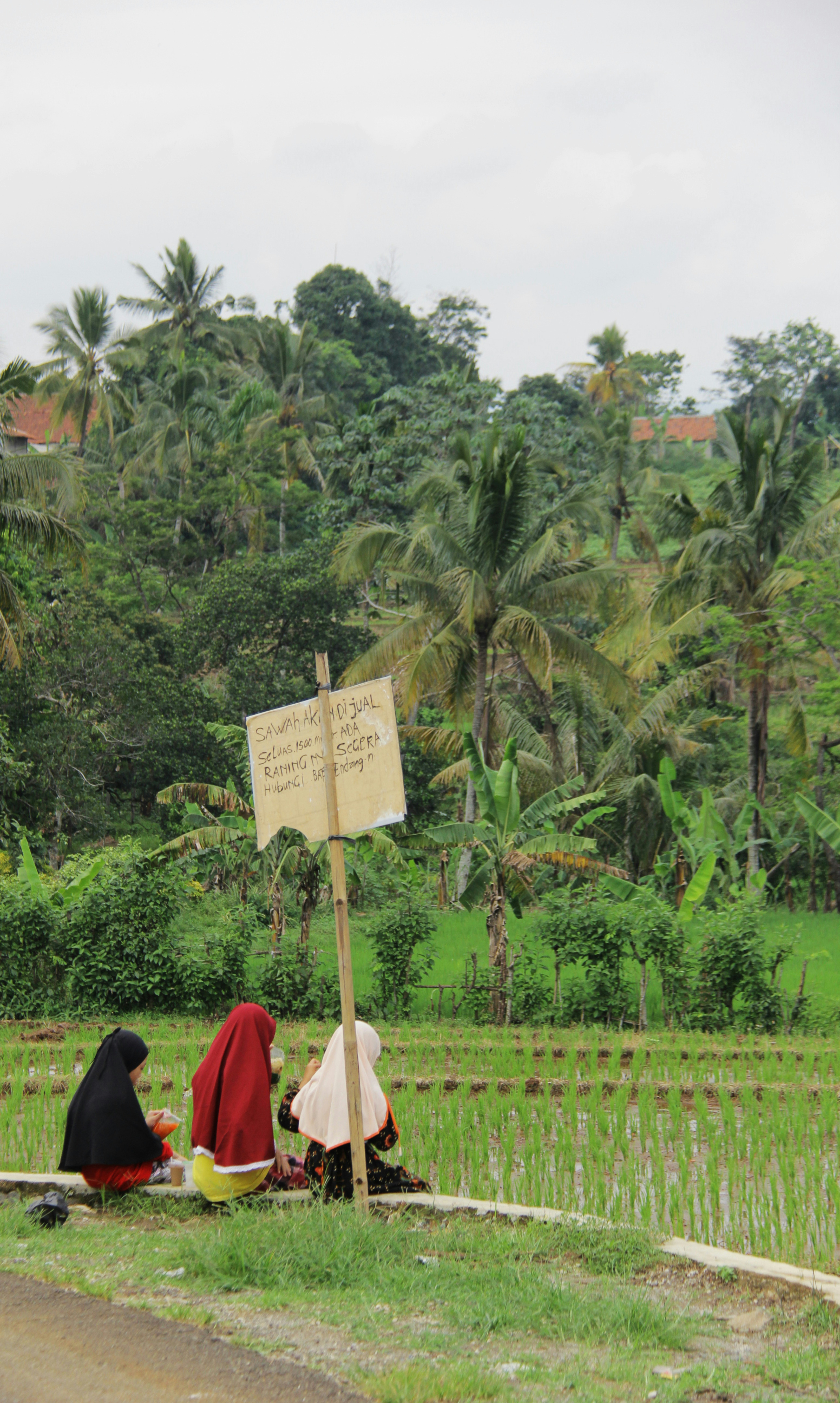 a couple of women sitting on the side of a road