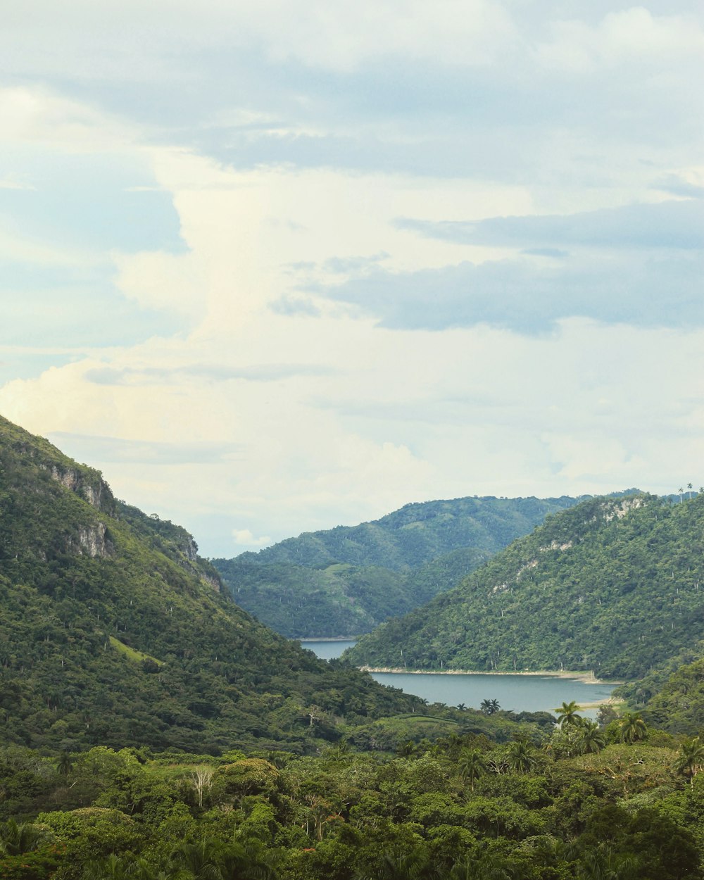 a large body of water surrounded by lush green hills