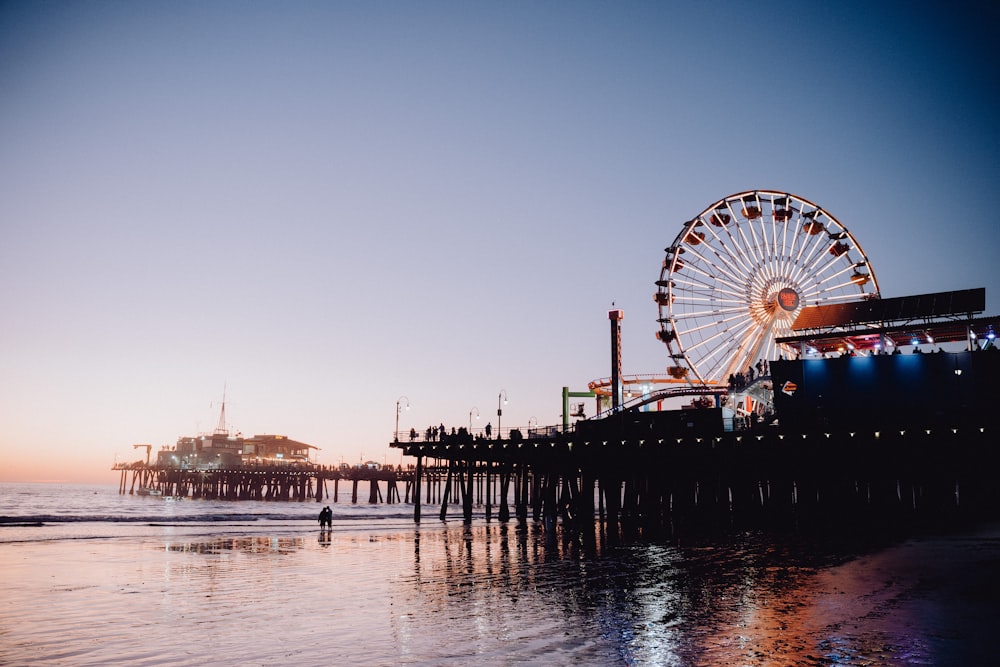 a ferris wheel sitting on top of a pier next to the ocean