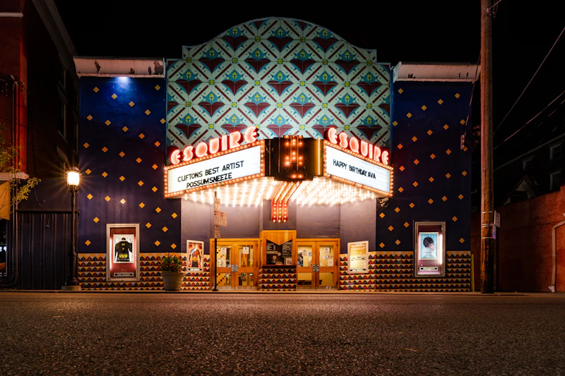 Theatre marquee at night with bright bulbs